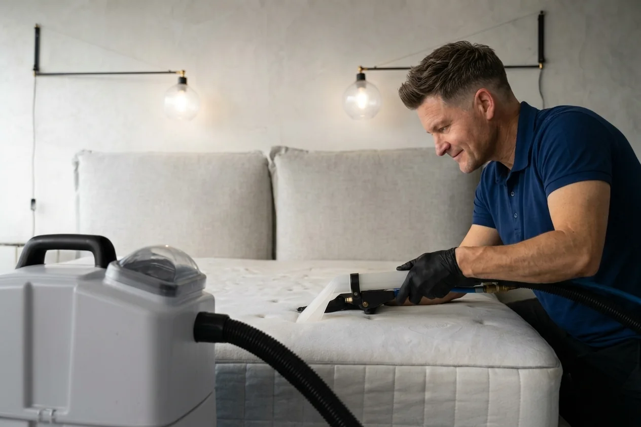 Steve Stoward cleaning a mattress with specialised professional extraction equipment in a Melbourne bedroom