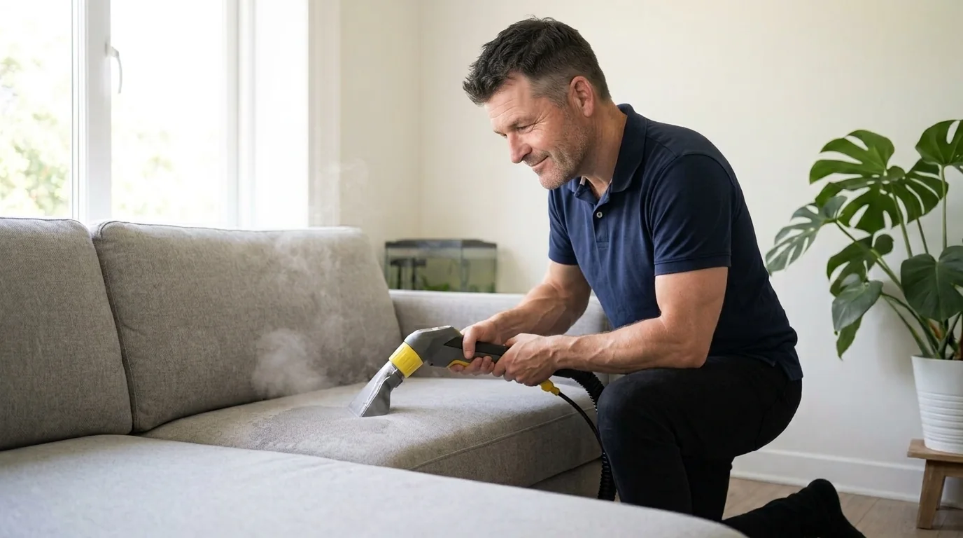 Steve Stoward professionally cleaning a fabric lounge suite with an upholstery extraction wand